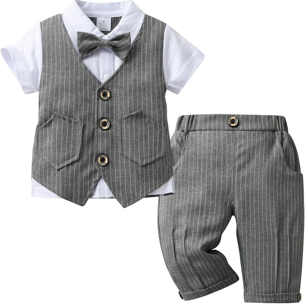 Gray Pinstripe Vest and Shorts Set with Bow Tie